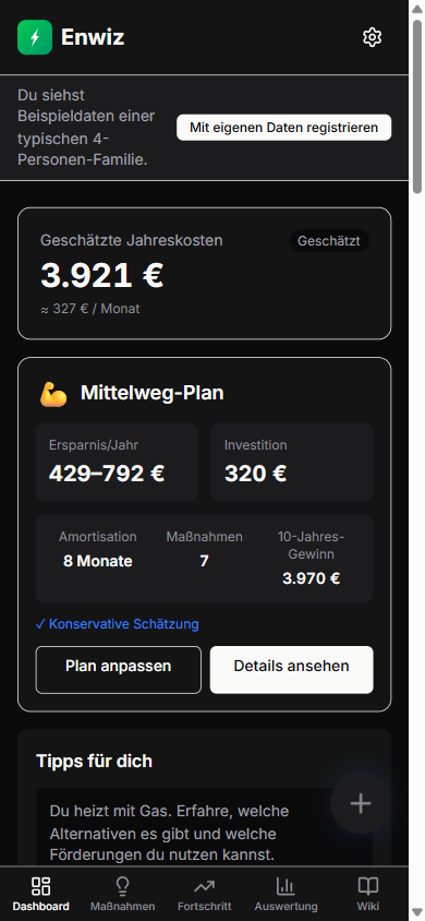 Enwiz-Dashboard: geschätzte Jahreskosten und persönlicher Sparplan (Beispieldaten einer 4-Personen-Familie)